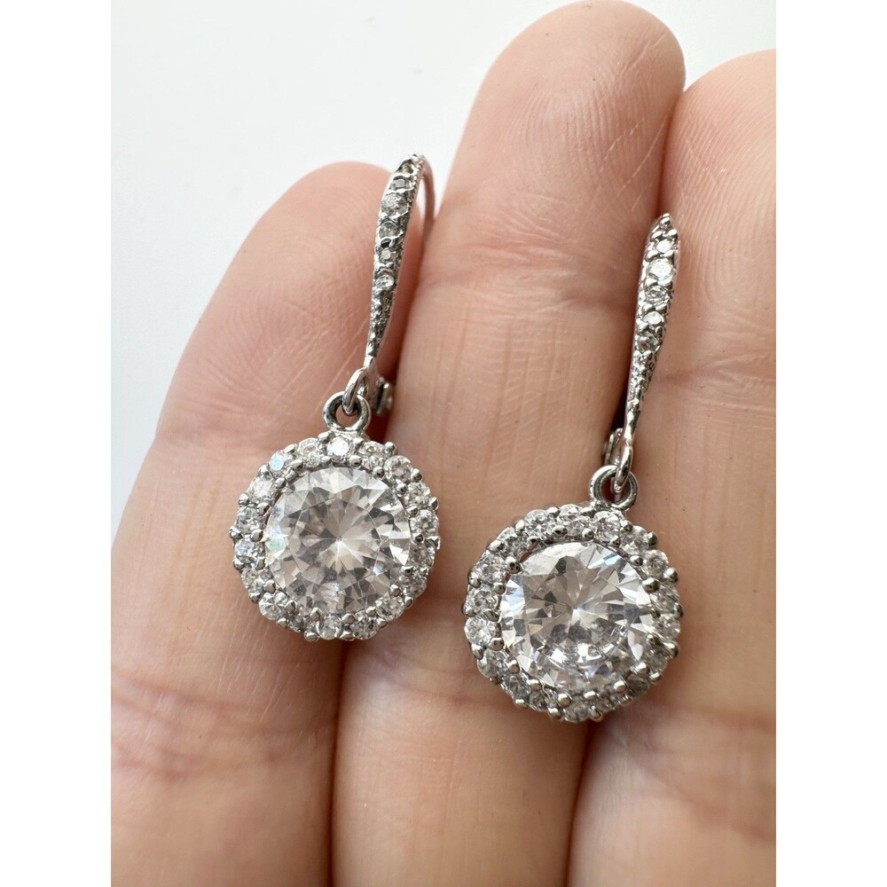 Sterling Silver Round Halo Dangle Earrings Cubic Zirconia Lever Back /Read